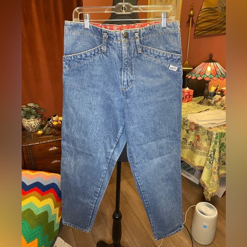 Vintage 1980s guess denim jeans w/ logo detail and bandana print detail Size 31